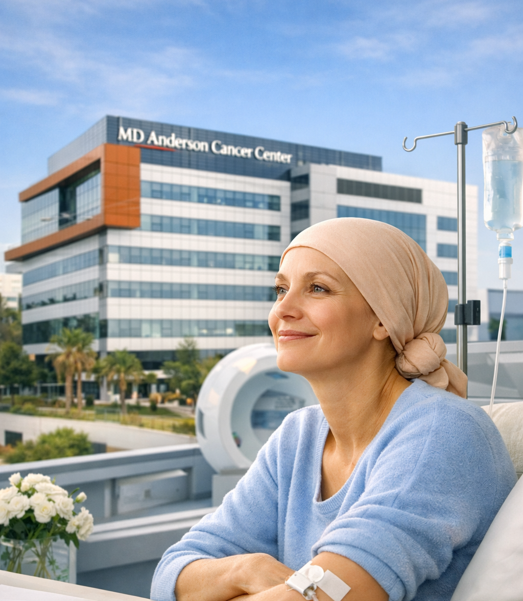 Kobieta z opaską na głowie i kroplówką, siedząca przed Centrum Onkologicznym MD Anderson.